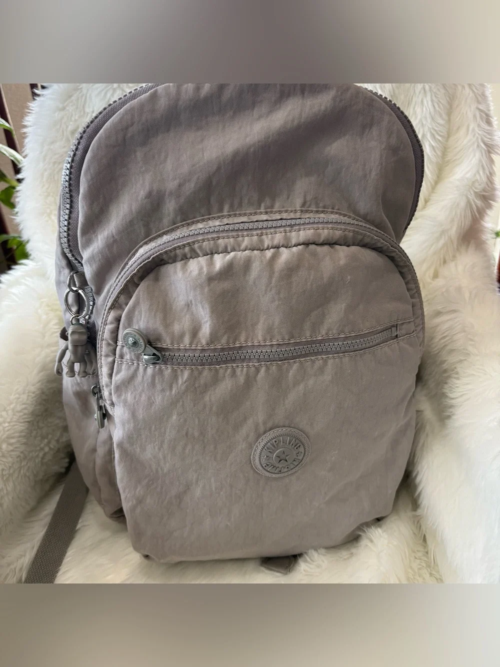 Kipling Live Light Backpack Taupe Gray Nylon Monkey Charm Multi Pocket